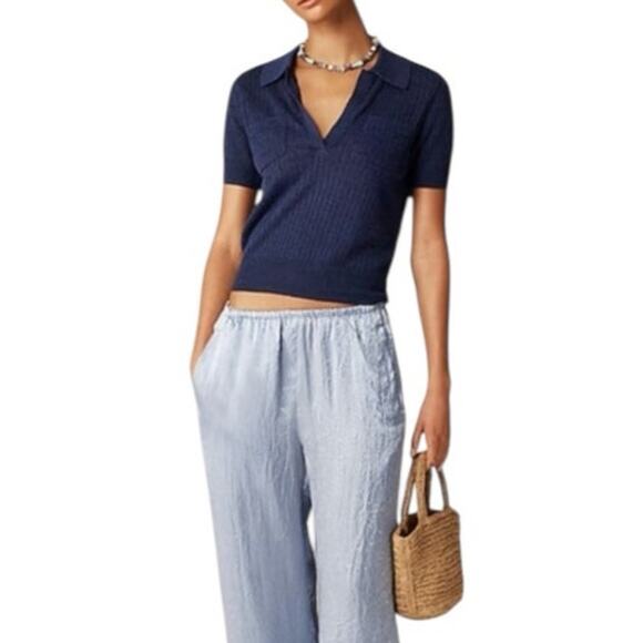 J CREW Women’s Short-sleeve Polo Shirt Navy Linen Johnny Collar Sz Small NWT - Picture 2 of 9